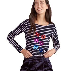 Boden Women's Navy Blue White Breton Stripe Christmas Ho Ho Ho Jersey Shirt Sz 6
